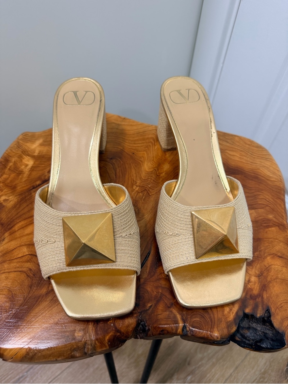Valentino Gold Pyramid Accent Slide Sandals - Beige